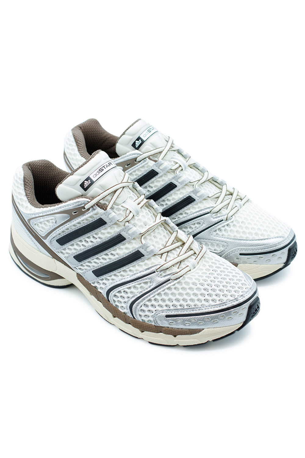 Side view of Adidas Adistar Control 5 Cloud White Core Black Core White, 2000s-style running sneaker blending vintage design with modern streetwear comfort.