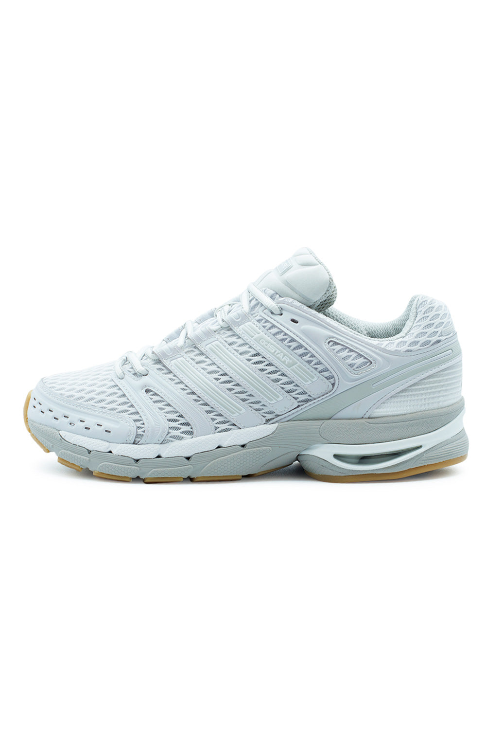 Lateral side view of the Adidas Adistar Control 5 sneaker in Cloud White and Grey One, showcasing the wide-gauge open mesh upper and layered synthetic overlays.