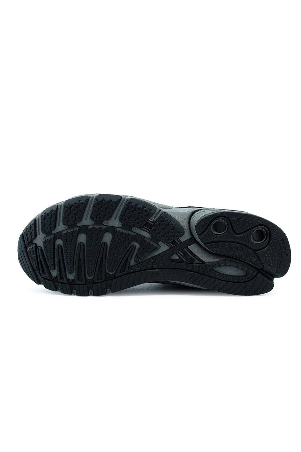 Full bottom view of the Adidas Adistar Control 5 outsole, highlighting the durable black and dark grey Adiwear rubber tread pattern, segmented forefoot flex grooves, and integrated midfoot torsional support bridge.