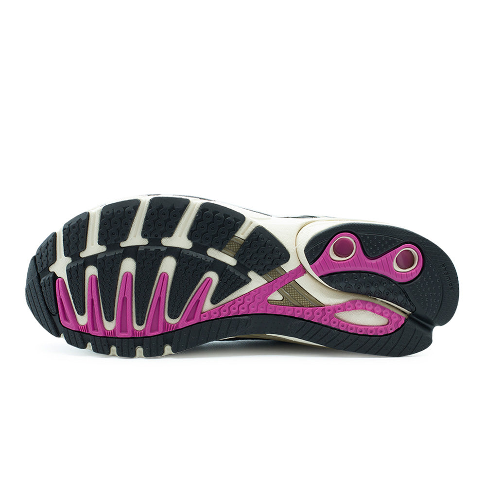 Full bottom studio view of the adidas Adistar Control 5 outsole, showcasing the segmented high-wear black rubber traction pads, bright fuchsia Torsion System arch bridge with lateral flex grooves, and rear Formotion decoupled heel pods with circular tread rings and adiWEAR rubber branding.