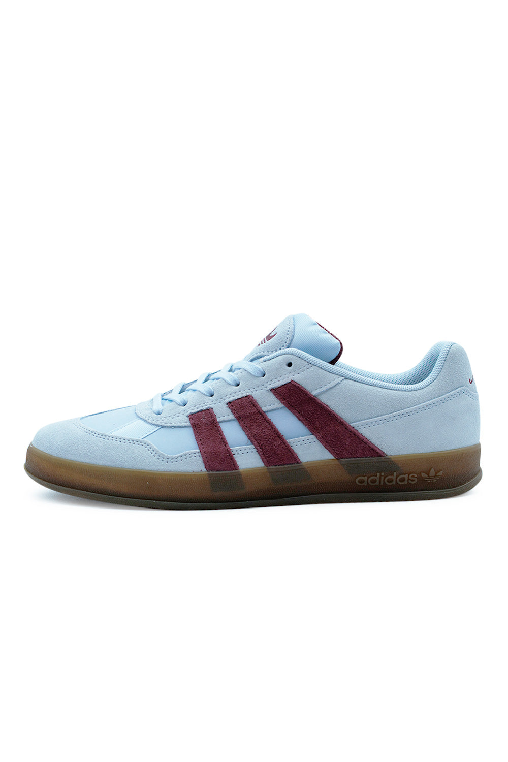 Adidas Aloha Super Clear Sky Maroon Gum skateboarding shoe side view with light blue leather and red stripes.