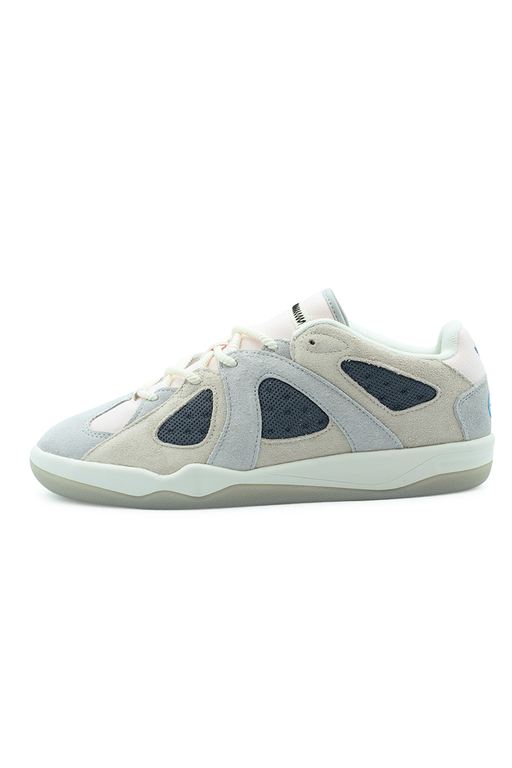Lateral profile view of the Adidas Bad Bo 1.1 sneaker by Bad Bunny in Chalk White, Grey Two, and Pink, showcasing a bulky retro skate silhouette with brushed off-white suede overlays, contoured light grey panels, dark charcoal perforated mesh inserts along the quarter, thick rope lacing, and a milky semi-translucent rubber cupsole unit