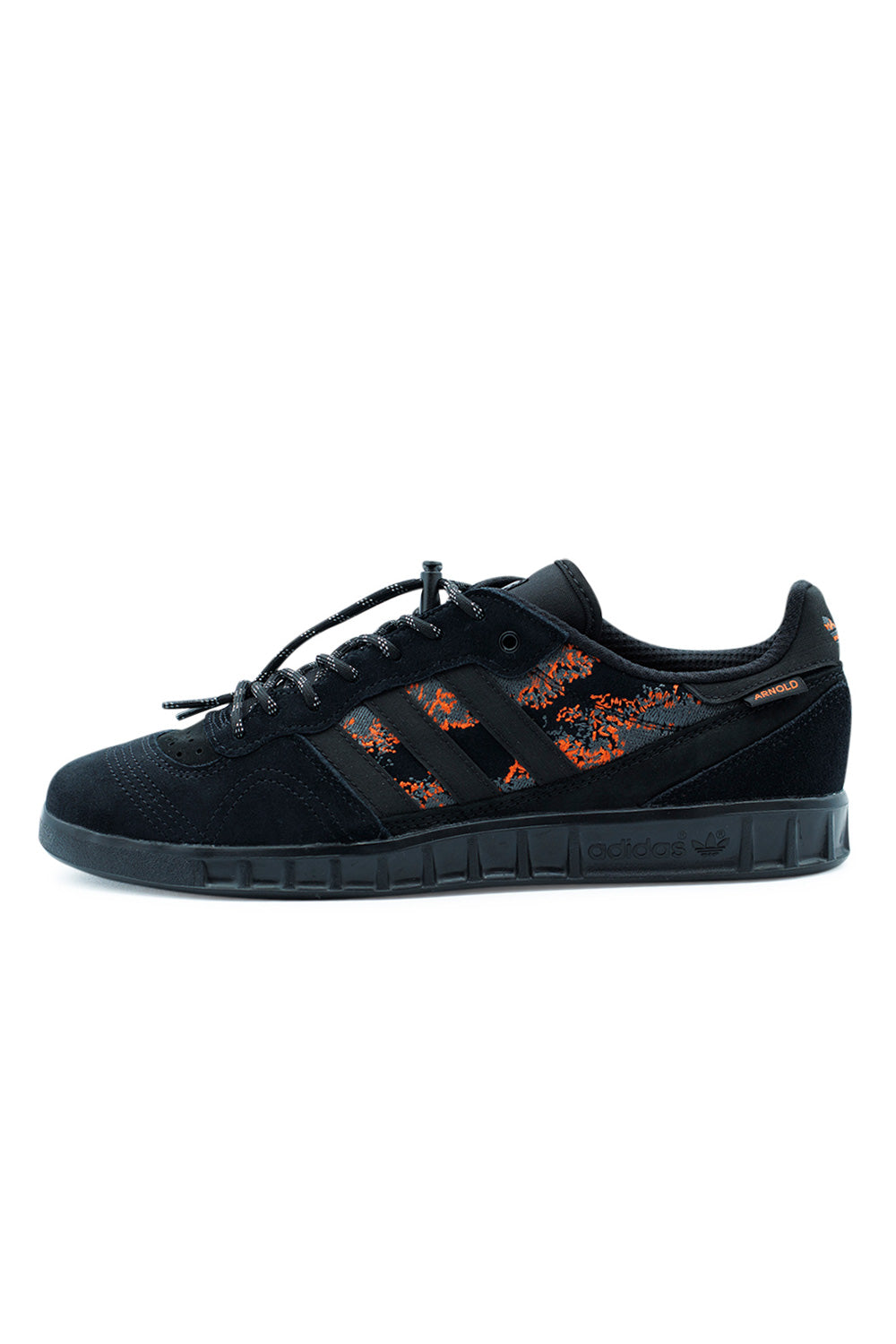 Adidas Handball Top Mike Arnold Core Black Semi Impact Orange, premium suede and nubuck skate shoe reimagined from a vintage handball silhouette.