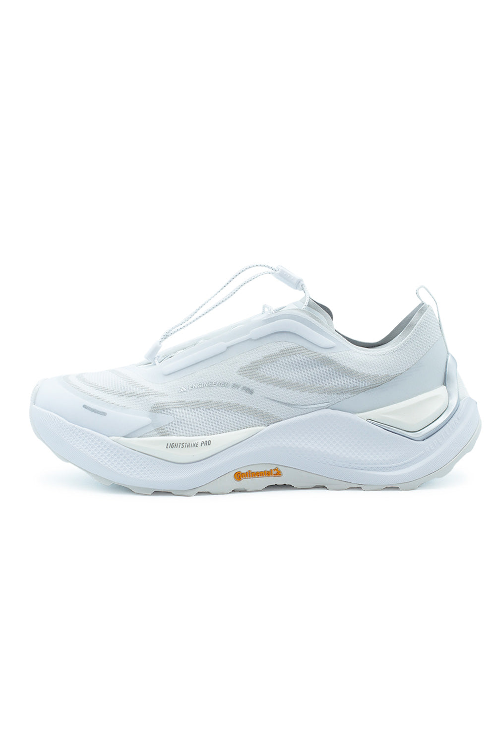 Lateral side view of the adidas Holo Peak sneaker in Cloud White, showcasing the futuristic textile upper, chunky Lightstrike Pro midsole, and an orange Continental logo under the arch.