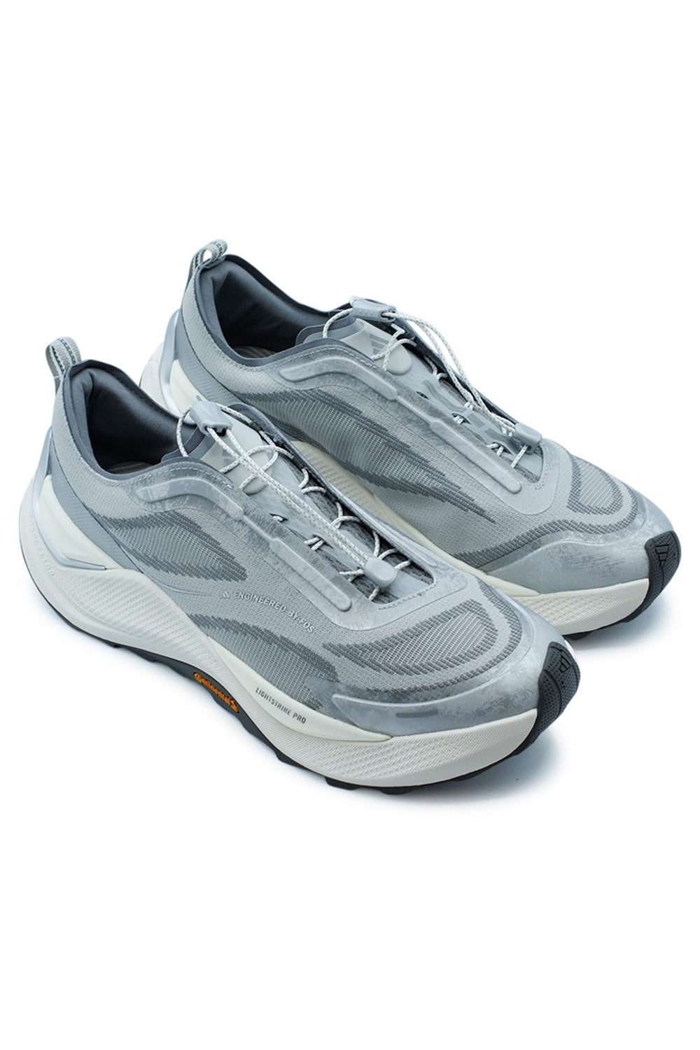 Studio shot of a pair of adidas Holo Peak Core Black sneakers placed together at an angle, displaying the progressive Gorpcore and viz-tech design elements.