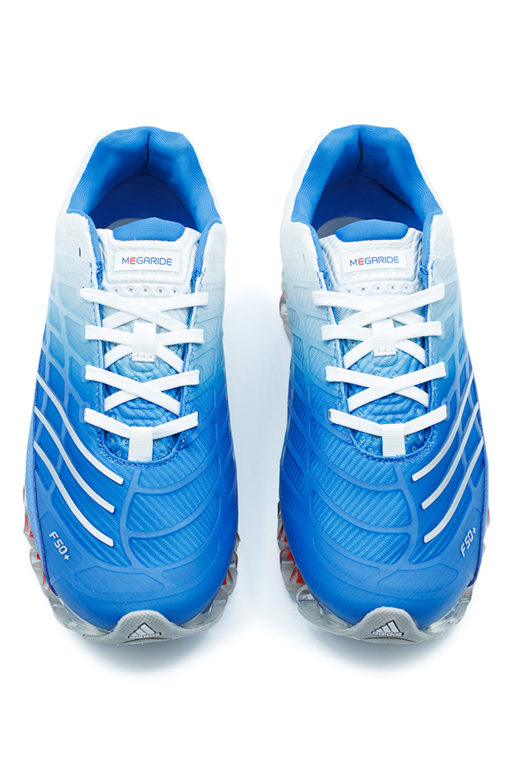 Top view of Adidas Megaride F50 lifestyle sneakers with iconic F50 football DNA, lace closure, padded tongue and technical mesh construction in Blue Bird and Cloud White