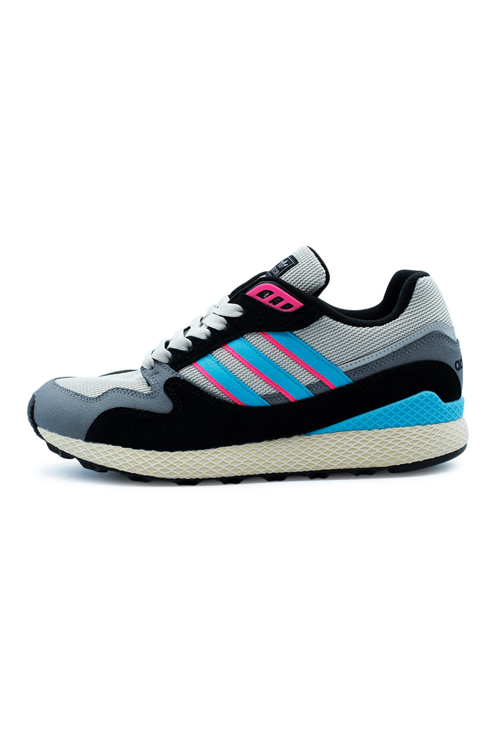 Lateral side view of the Adidas Oregon Ultra Tech sneaker featuring a grey mesh upper, black suede overlays, bright blue three stripes with pink accents, and a distinctive web-structured Dellinger midsole.