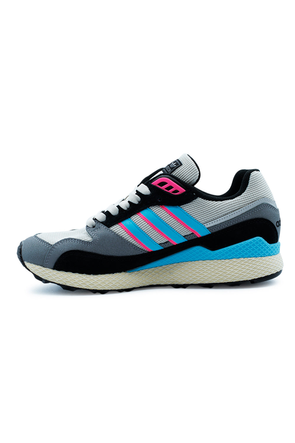 Medial side view of the Adidas Oregon Ultra Tech running shoe, detailing the clean alignment of the grey, black, and Samba blue retro pattern above the signature webbed sole.