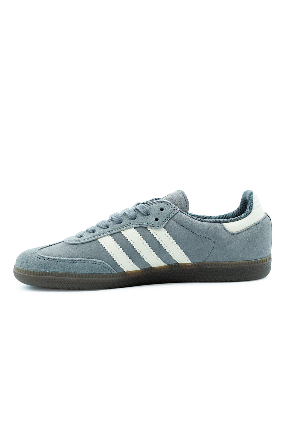 Inside lateral view of Adidas Samba ADV Grey Four skateboarding shoe with grey suede overlays and classic three-stripe Cream White branding.