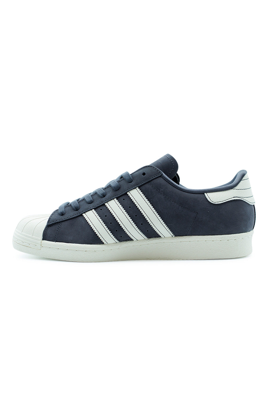 Side profile Adidas Superstar 80 ADV men’s skate sneaker featuring leather upper, stitched cupsole and heritage design