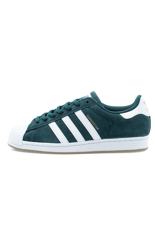 Adidas Superstar ADV Aurora Ivy Cloud White Gold Metallic skateboarding sneaker side profile with dark green suede upper, white leather Three Stripes, iconic rubber shell toe and durable cupsole construction
