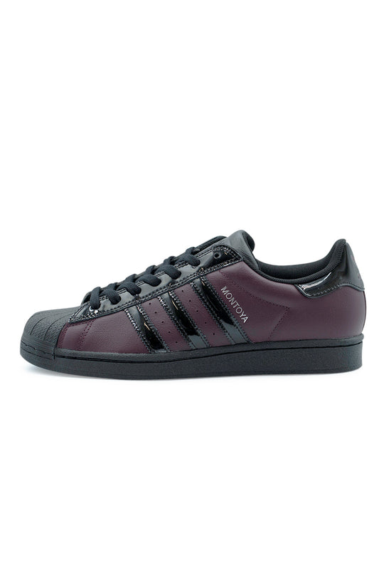 Adidas Superstar ADV Marcos Montoya maroon core black skate shoes side view, premium leather shell toe sneaker with patent three stripes and durable cupsole KI6735
