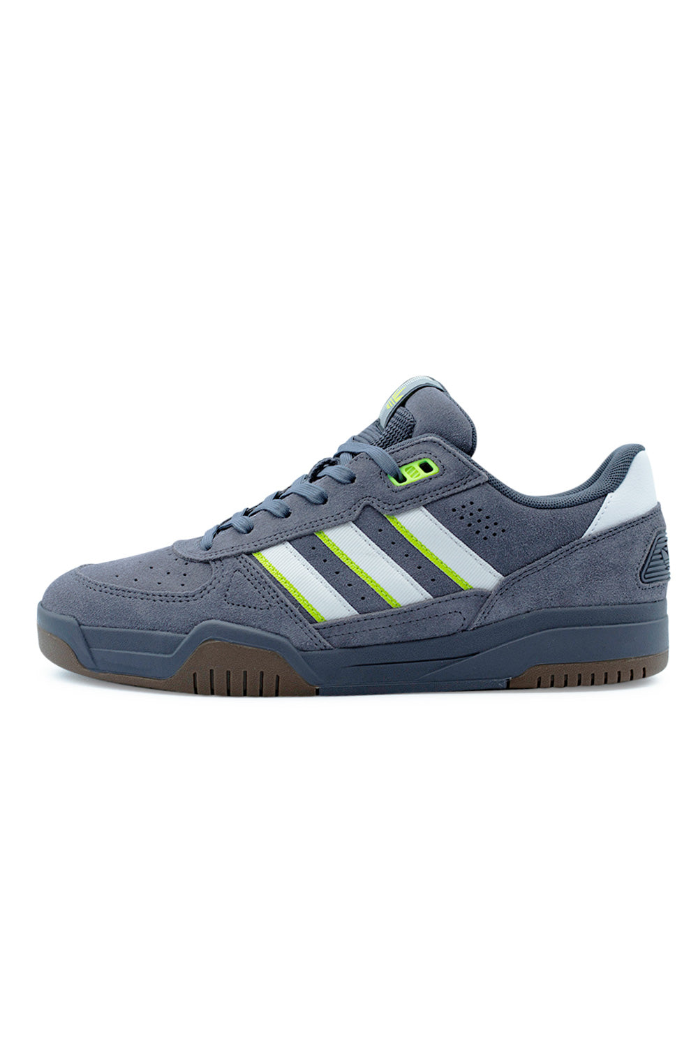 Adidas Tekkira Cup skateboarding shoe in Aurora Onix grey suede with white stripes and Solar Slime green accents.