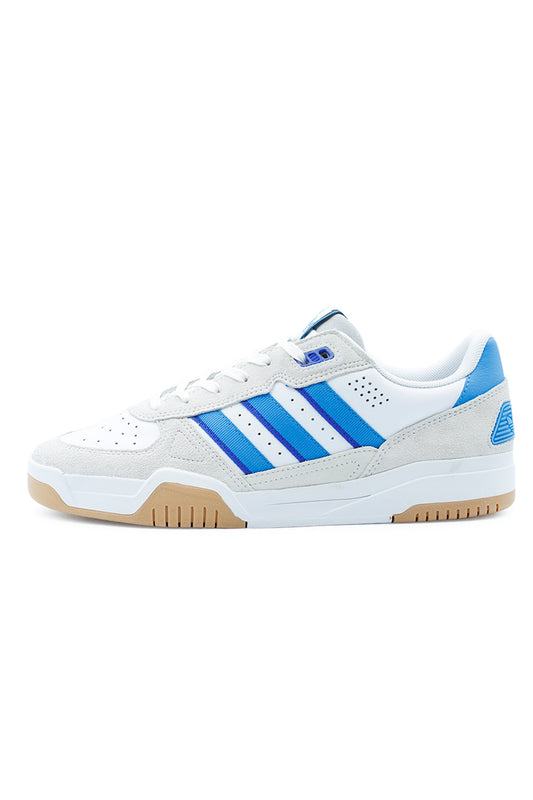 Adidas Tekkira Cup Shoe Cloud White Bright Blue Lucid Blue, men’s skate shoe with leather upper, suede overlays, and LIGHTMOTION cushioning.