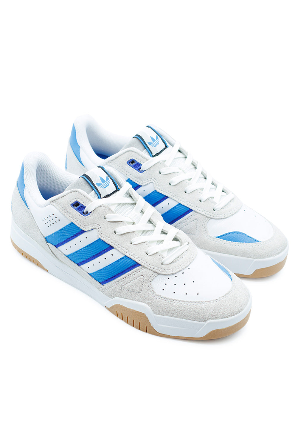 Side view of Adidas Tekkira Cup White Bright Blue Lucid Blue skateboarding shoes featuring retro-inspired nylon stripes and padded ankle collar.