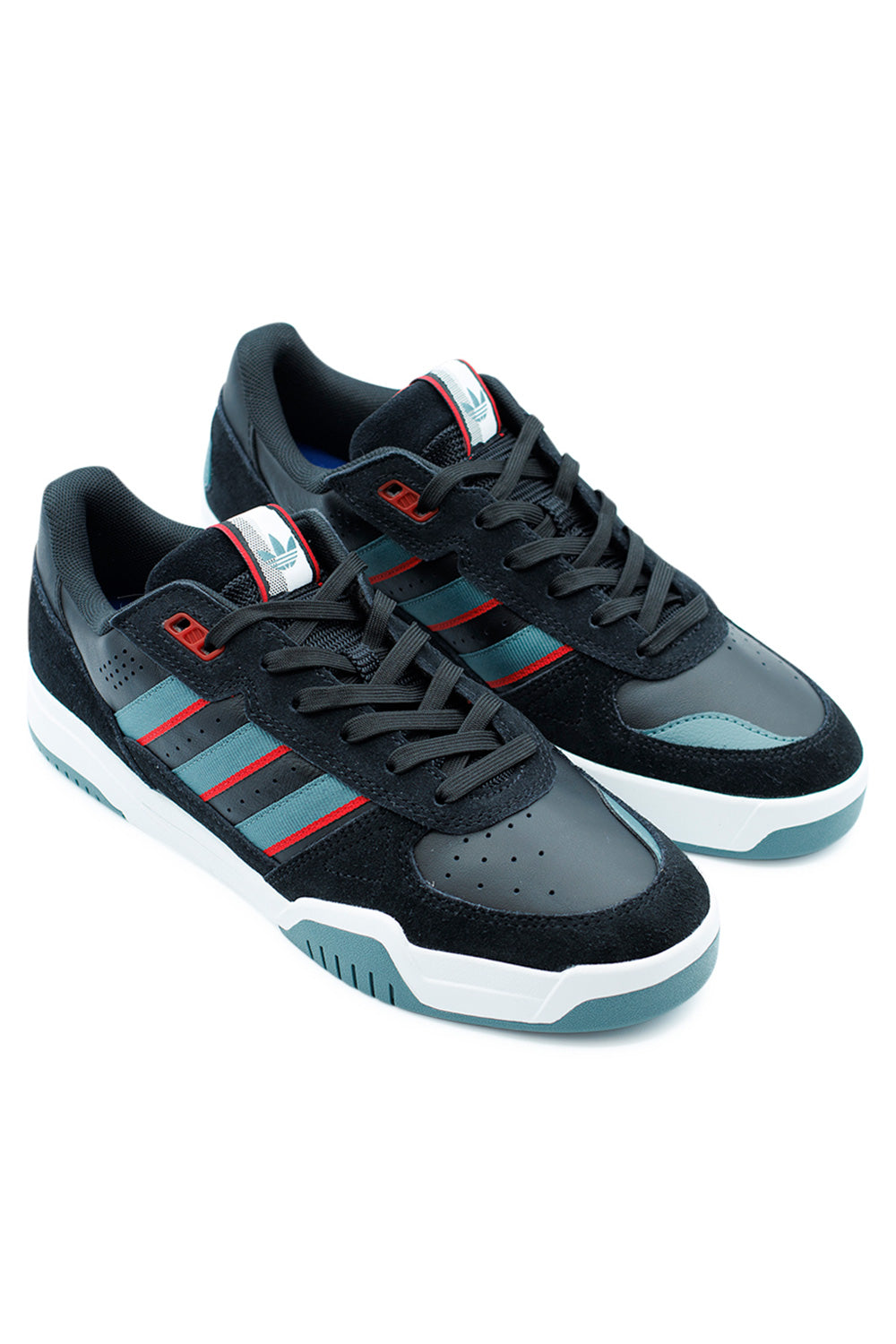 Side view of Adidas Tekkira Cup Shoe Core Black Preloved Teal Better Scarlet with premium suede leather mix and double-layer reinforcements.