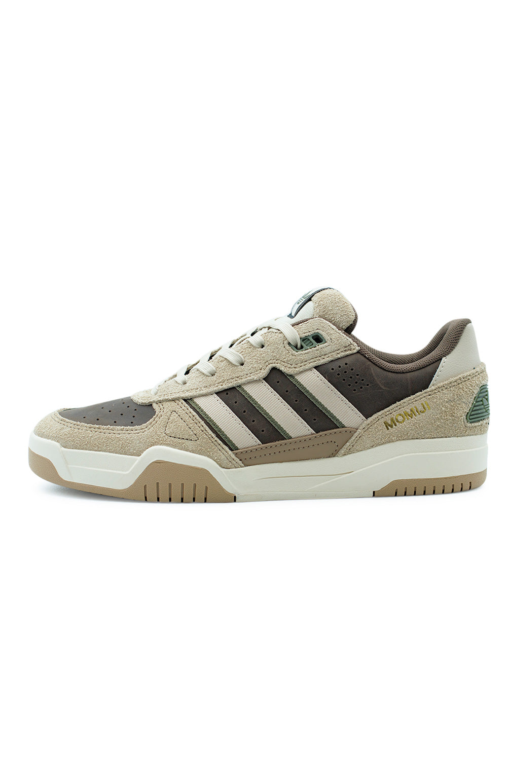 Adidas Tekkira Cup x Momiji Nishiya skate shoe Cardboard Earth Strata Crystal Linen side view with suede and leather upper, adidas three stripes and LIGHTMOTION cushioned midsole