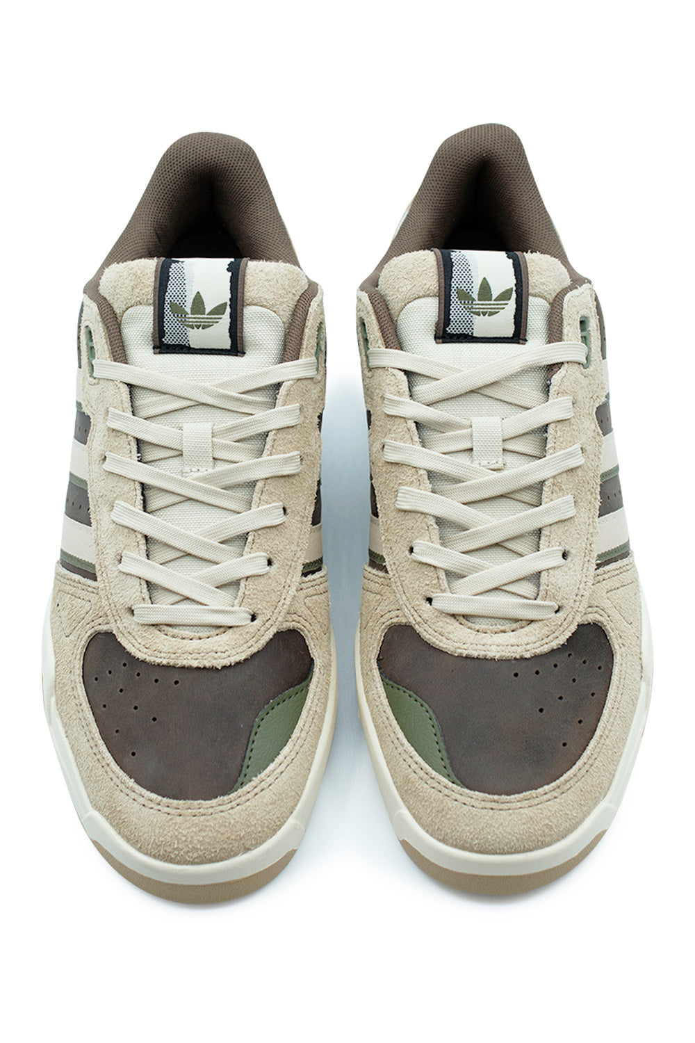 Top view of Adidas Tekkira Cup Momiji Nishiya signature sneaker featuring cream laces, breathable tongue with adidas trefoil logo and premium suede overlays in earthy skate colorway