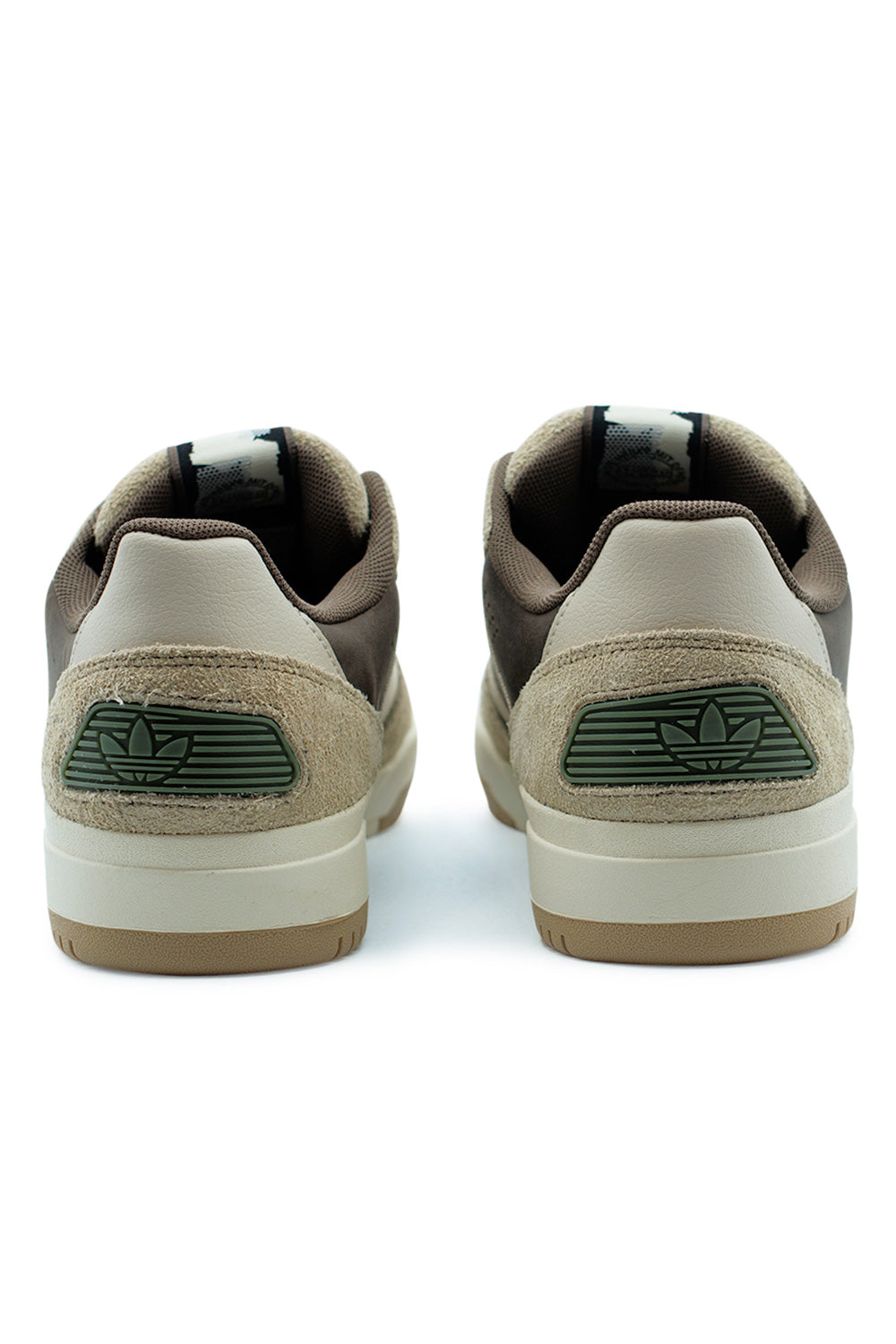 Rear view of Adidas Tekkira Cup x Momiji Nishiya Cardboard Earth Strata Crystal Linen sneaker with textured suede heel panel, trefoil branding and padded collar for skate comfort