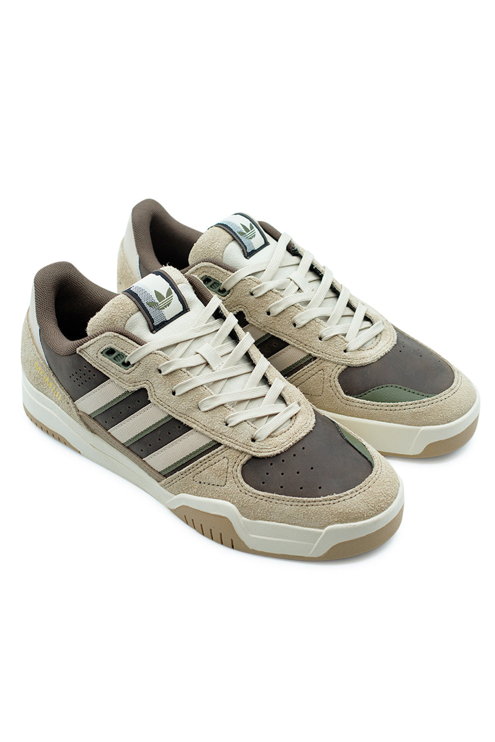 Adidas Tekkira Cup Momiji Nishiya collaboration sneakers pair angled perspective showing mixed suede and full-grain leather construction with classic adidas Originals three stripe design