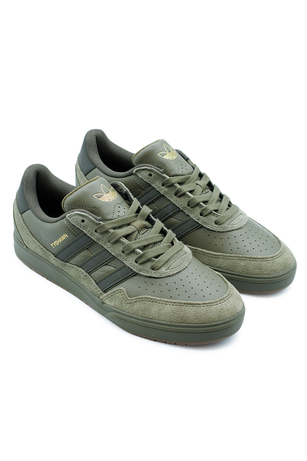 Side view of Adidas Tyshawn II Shoe Olive Strata Shadow Olive Gum, Tyshawn Jones second signature model with padded ankle support.