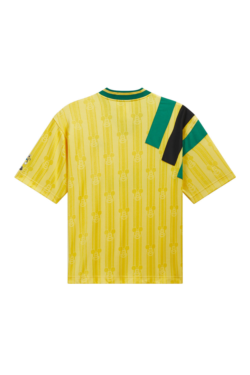 Back view of the adidas x Brain Dead x Disney Football Jersey Bold Gold featuring all over Mickey Mouse jacquard pattern, oversized three sewn-on shoulder stripes, wide cropped football fit and limited adidas x Brain Dead x Disney World Cup capsule design