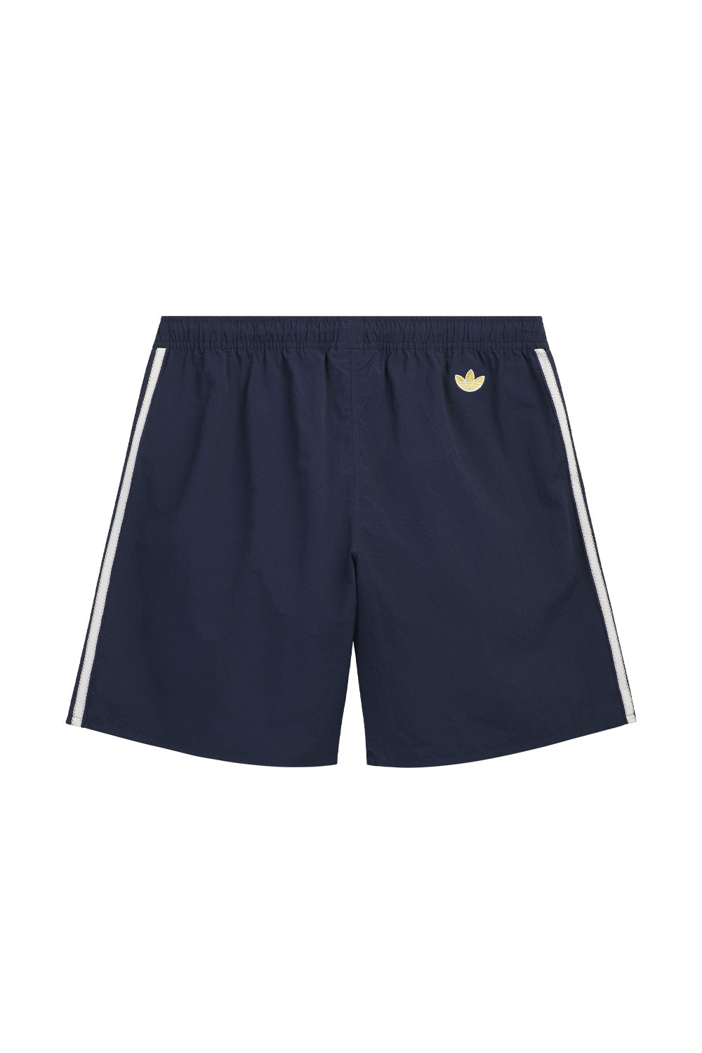 Back view of the adidas x Brain Dead x Disney Short Core Navy featuring embroidered gold adidas Trefoil logo, signature three stripes, elastic waistband with drawstring and lightweight polyamide construction from the limited World Cup capsule collection
