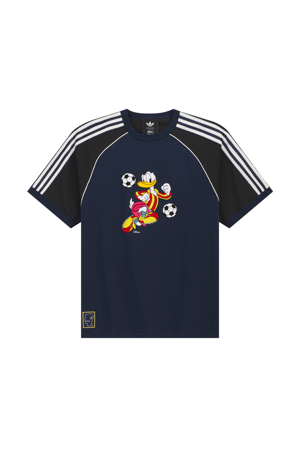 Adidas x Brain Dead x Disney T-Shirt Core Navy from the limited World Cup capsule collection featuring a flocked Donald Duck football graphic, oversized heavy cotton construction, signature 3-Stripes on the shoulders, Brain Dead patch and vintage-inspired soccer streetwear design.
