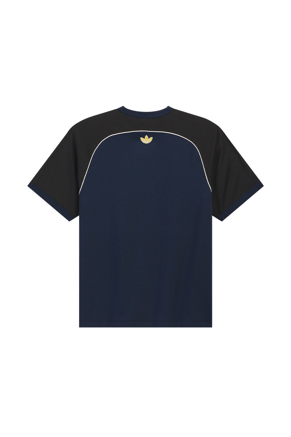 Rear view of the Adidas Originals x Brain Dead x Disney Core Navy T-Shirt showcasing a clean retro football silhouette, embroidered Trefoil logo below the neckline, raglan construction, contrast shoulder panels and premium heavyweight 100% cotton fabric.