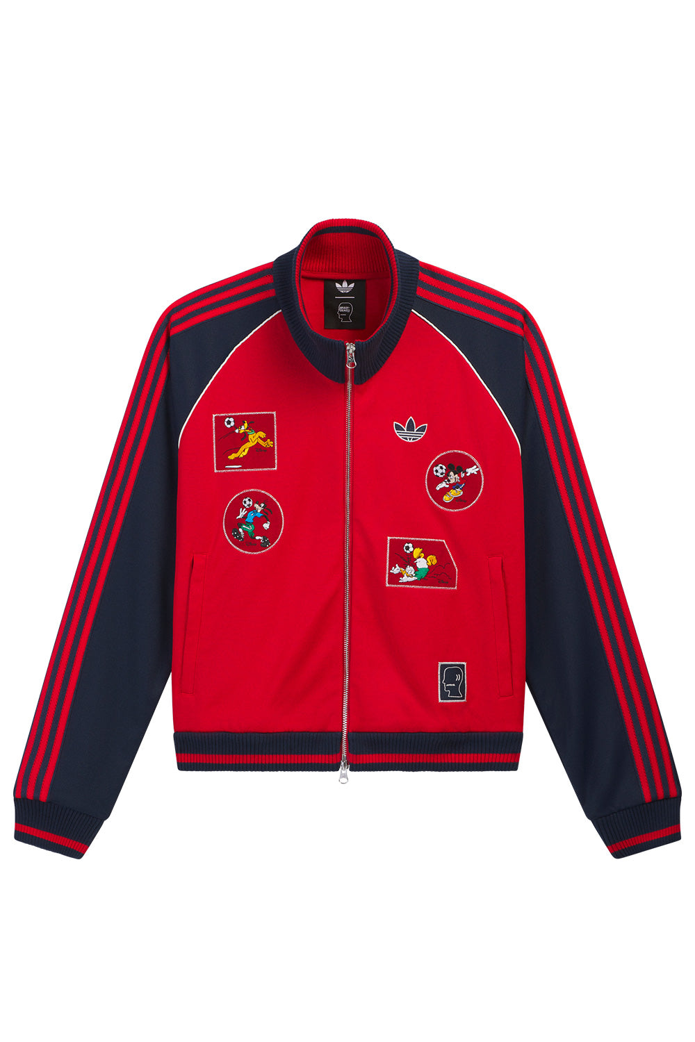 Adidas x Brain Dead x Disney Track Top Better Scarlet limited edition track jacket featuring embroidered Mickey Mouse, Goofy, Donald Duck and Pluto football patches, Trefoil logo, Better Scarlet colorway, navy 3-Stripes, wide fit, two-way zip and retro World Cup inspired design.