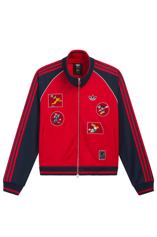Adidas x Brain Dead x Disney Track Top Better Scarlet limited edition track jacket featuring embroidered Mickey Mouse, Goofy, Donald Duck and Pluto football patches, Trefoil logo, Better Scarlet colorway, navy 3-Stripes, wide fit, two-way zip and retro World Cup inspired design.