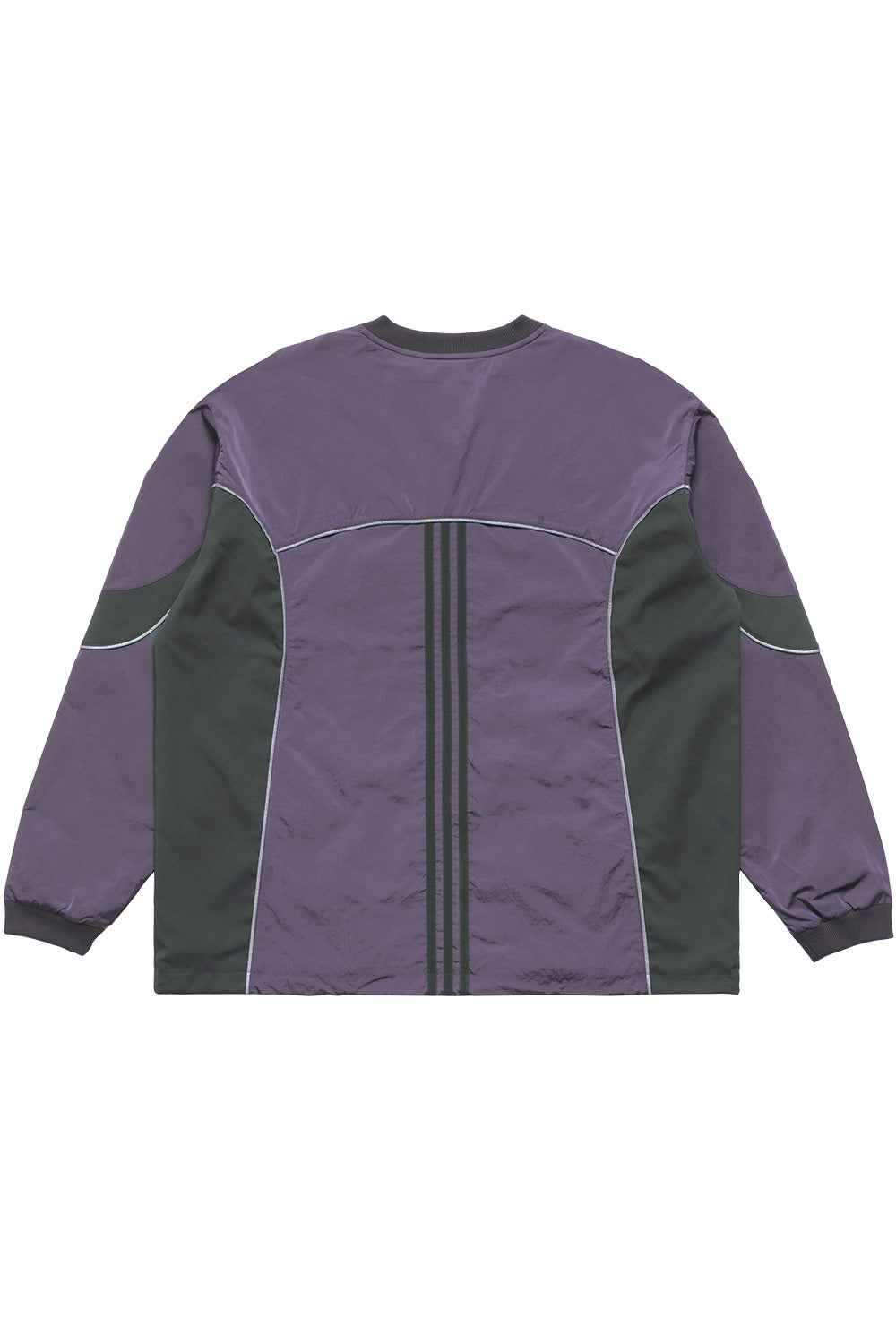 Back view of Adidas Metalwood Studio crewneck sweatshirt in purple featuring three sewn-on stripes, relaxed silhouette, and modern sport-streetwear aesthetic.