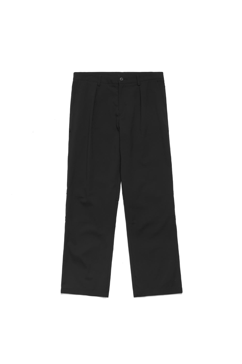 Front angle of Adidas x Metalwood black track pants JY7276 featuring fixed waistband with fly closure, modern golf apparel design, lightweight stretch performance trousers for sport and lifestyle wear