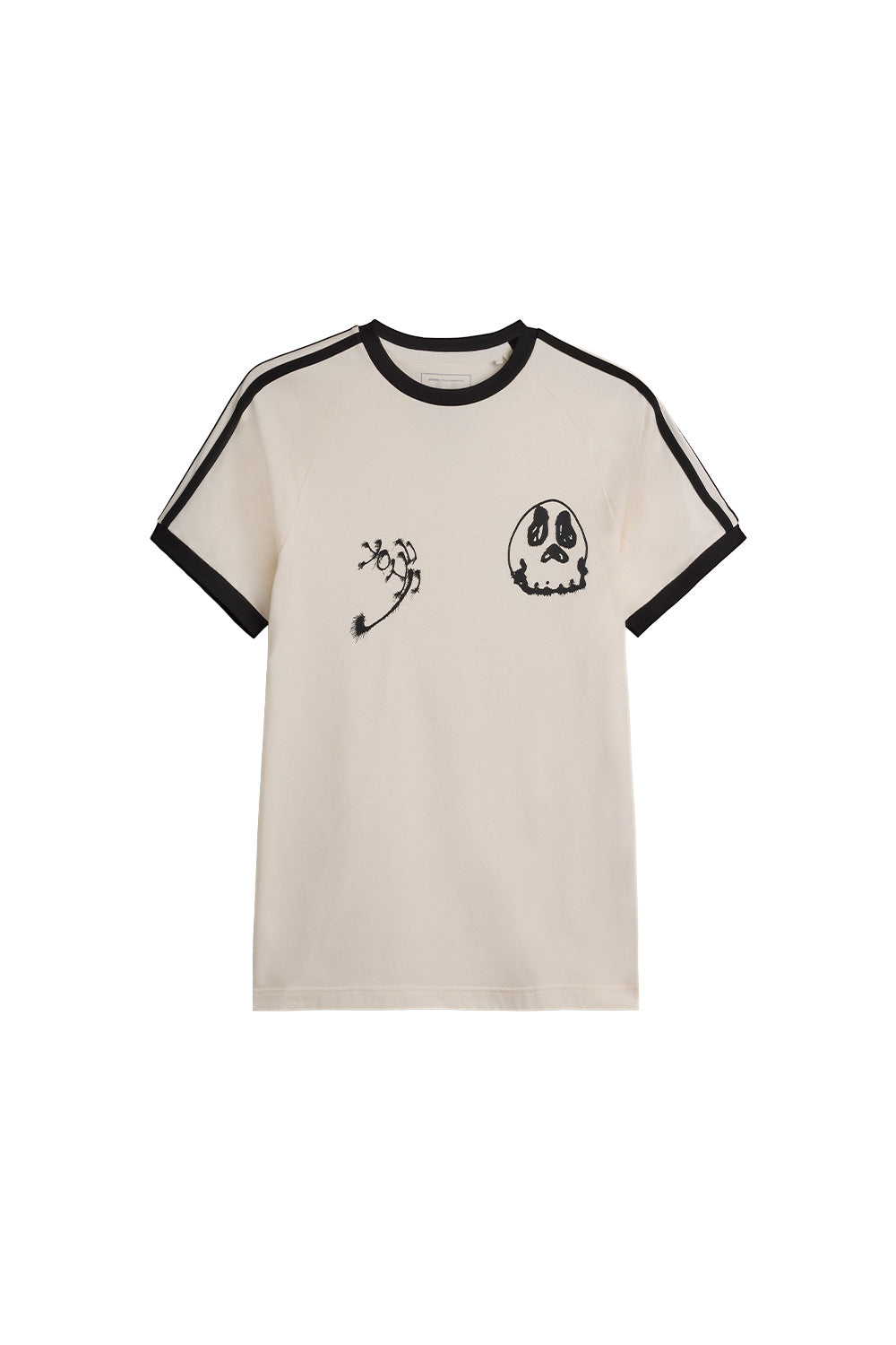 Front view of the off-white Adidas Y-3 X Chito Graphic Cali Tee, crafted from premium cotton jersey with black ribbed ringer collar and cuffs, sewn-on black 3-Stripes along raglan shoulders, and black airbrushed Yohji calligraphy alongside a surreal skull motif printed on the chest.