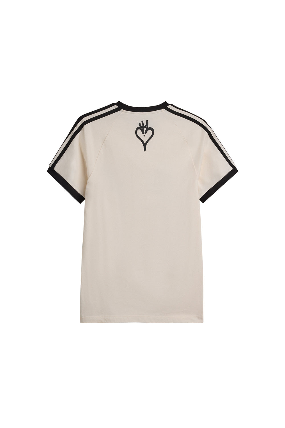 Back view of the chalk white Adidas Y-3 X Chito Graphic Cali T-Shirt, displaying the raglan sleeve build, contrasting black 3-Stripes on both sleeves, and a small black airbrushed tag graphic centered on the upper neck.