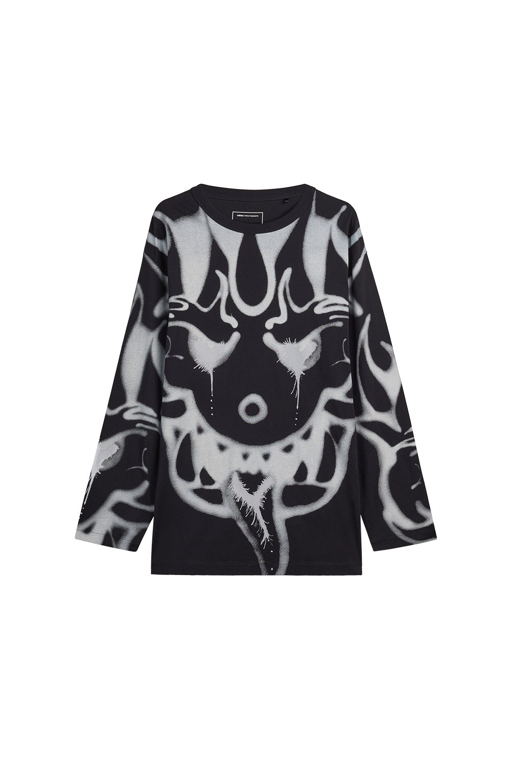 Front view of the black Adidas Y-3 X Chito Graphic Long Sleeve Tee, featuring a loose-fitting premium cotton jersey silhouette covered in large white airbrushed abstract monster face artwork across the chest and along both sleeves.