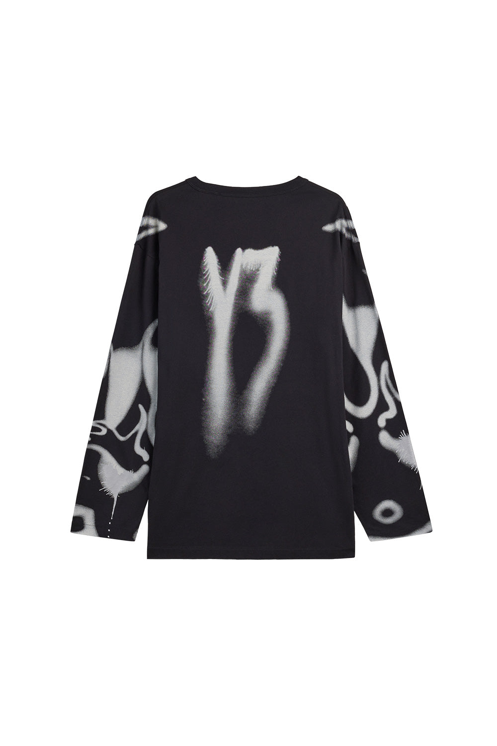 Back view of the black Adidas Y-3 X Chito Graphic Long Sleeve T-Shirt, showcasing the relaxed drop-shoulder cut, graphic-printed sleeve panels, and an oversized white airbrushed Y-3 logo sprayed down the middle back.