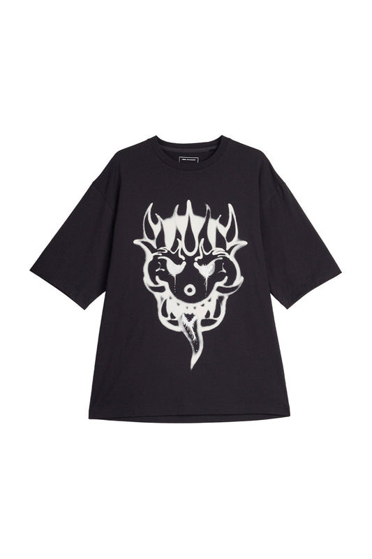 Front view of the black Adidas Y-3 X Chito GFX Graphic Short Sleeve Tee, featuring a loose boxy fit in premium cotton jersey with an oversized white airbrushed horned monster face graphic printed across the chest.