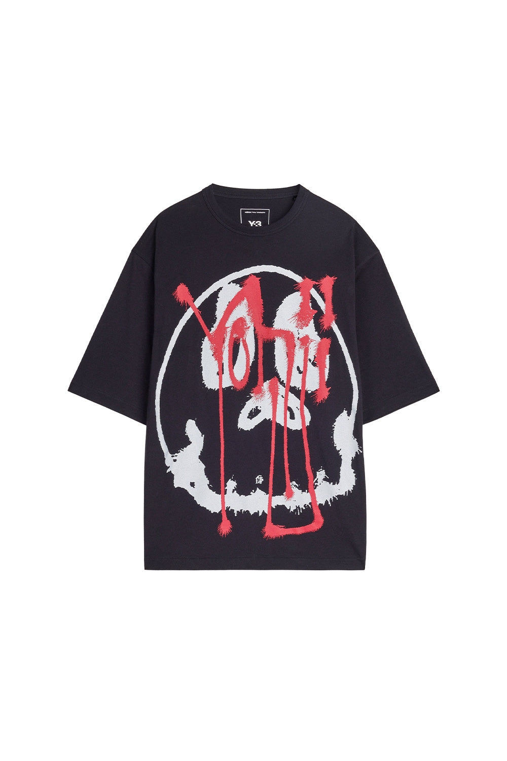 Front view of the black Adidas Y-3 X Chito Skull Graphic Short Sleeve Tee, featuring a loose boxy fit in premium cotton jersey with an oversized white airbrushed skull graphic layered beneath a dripping bright red spray paint Yohji signature tag.