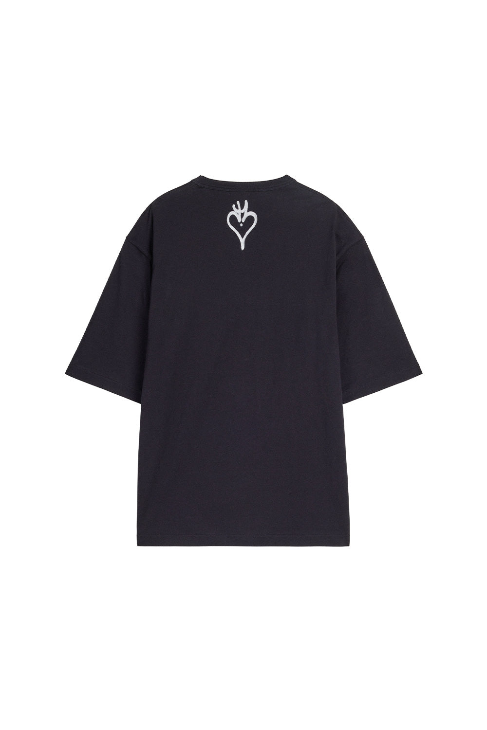 Back view of the black Adidas Y-3 X Chito Skull Graphic T-Shirt, displaying the relaxed drop-shoulder cut, wide elbow-length short sleeves, and a small white airbrushed heart stencil graphic printed centered below the ribbed collar.