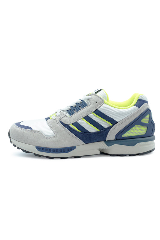 Adidas ZX 8000 Cloud White Dark Blue Grey One sneaker side profile featuring retro 80s running silhouette, suede overlays, breathable mesh upper and Torsion System midfoot support