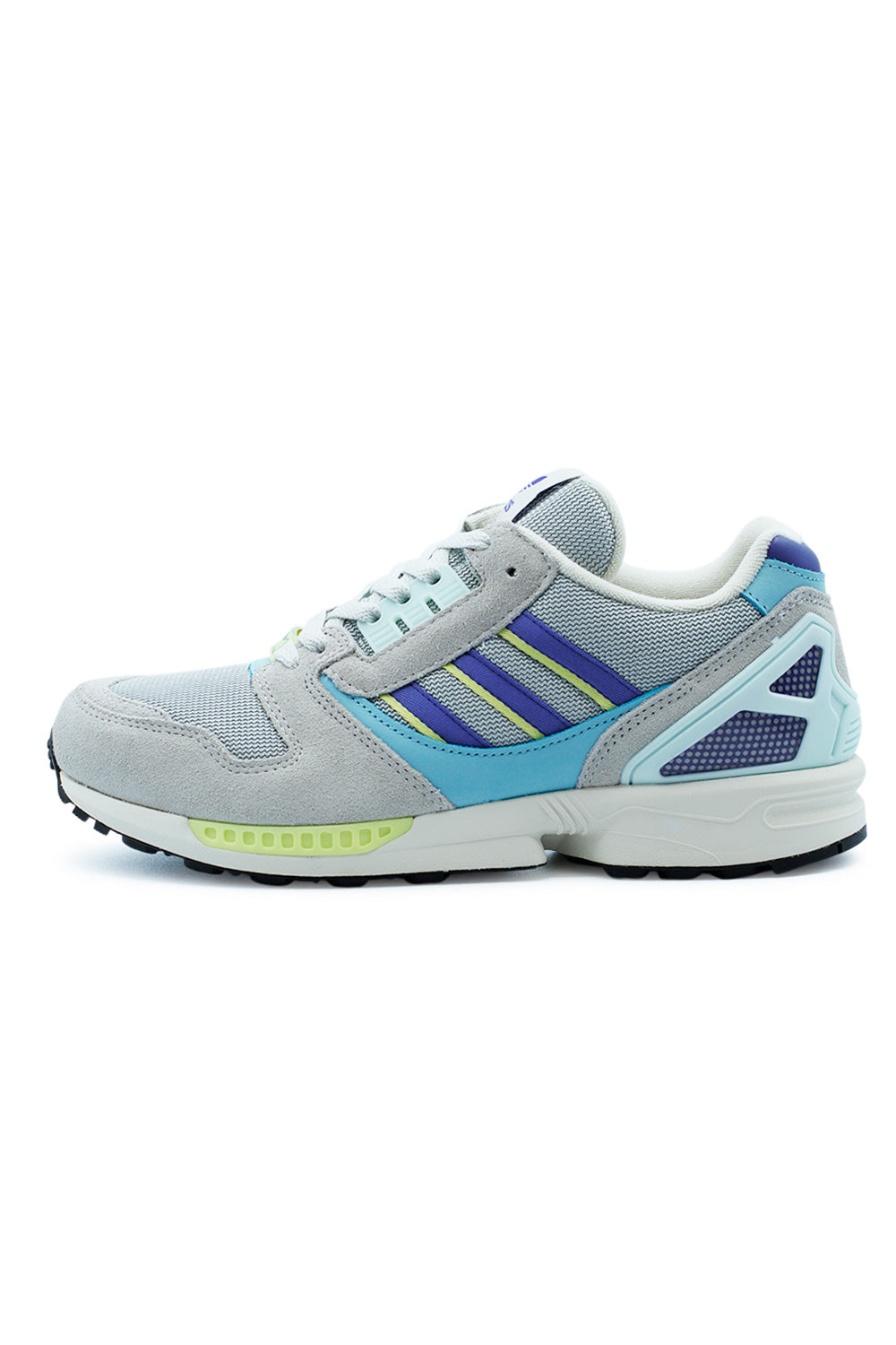 Lateral side view of the adidas ZX 8000 sneaker in Grey Two and Purple, featuring white three stripes with neon yellow stripes, and light blue suede panel overlays.