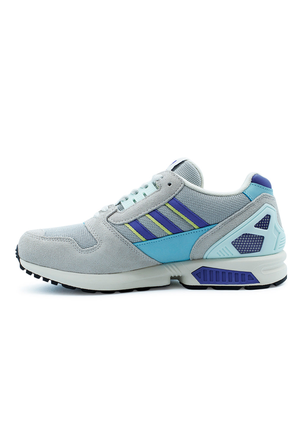 Medial side view of the adidas ZX 8000 sneaker, showcasing the white three stripes against grey mesh and purple panels with a dark purple accent on the midsole.