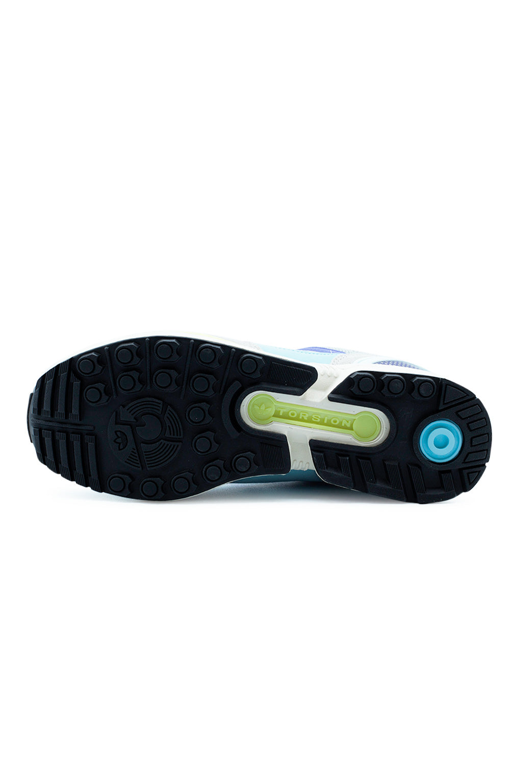 Full view of the black rubber outsole of the adidas ZX 8000, showcasing the rugged traction pattern and the prominent neon-yellow integrated Torsion Bar system.