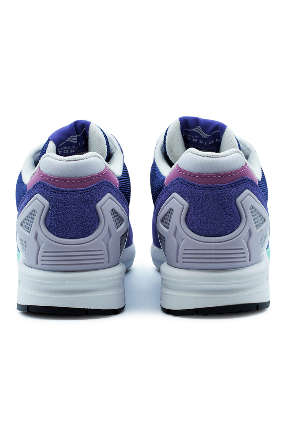 Rear heel view of the adidas ZX 8000 sneakers, detailing the light grey external plastic heel counter shell and pink suede panel inserts below the collar.
