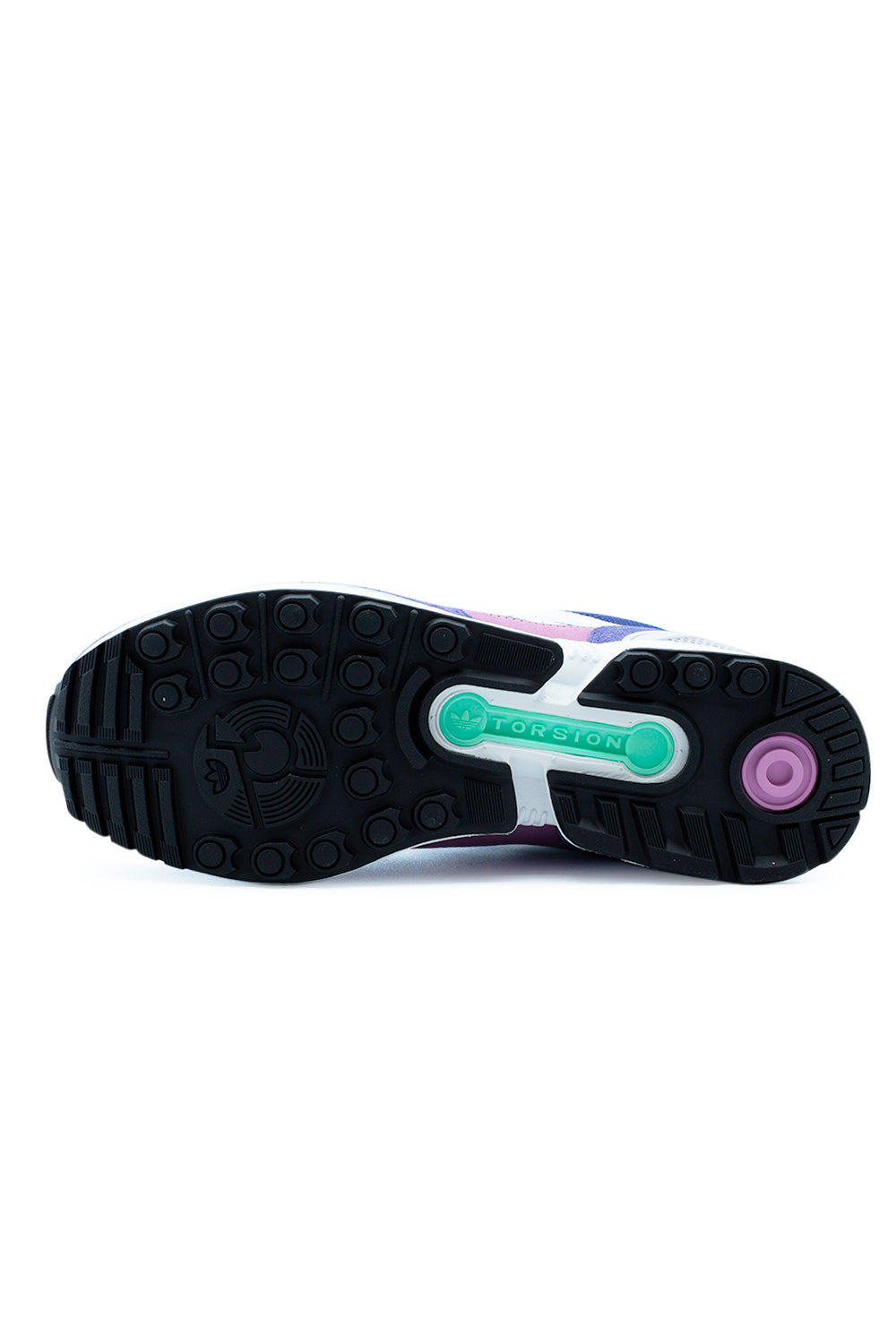 Full view of the black rubber outsole of the adidas ZX 8000, showcasing the rugged traction pattern and the prominent mint-green integrated Torsion Bar system.