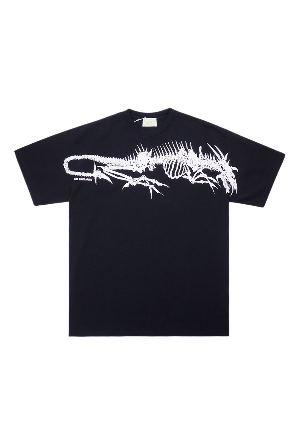 "Aries Acid Dragon Skeleton T-Shirt Black – Schwarzes T-Shirt mit auffälligem Skelett-Drachen-Print im Acid-Wash-Look für einen edgy Streetwear-Style"