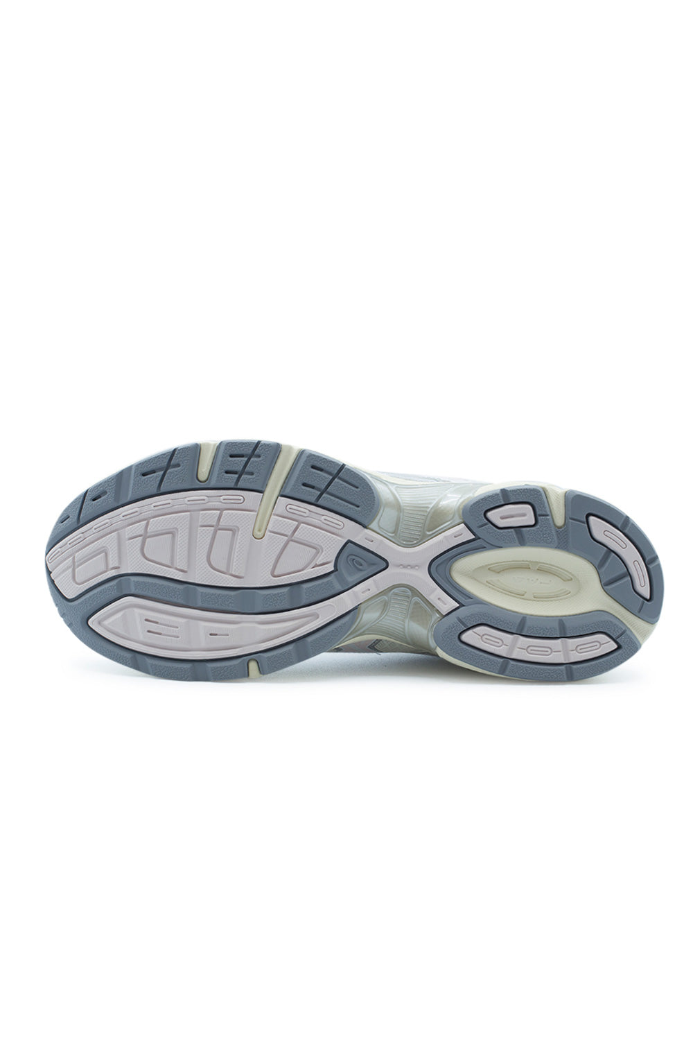 Full bottom view of the Asics Gel-1130 rubber outsole, displaying the flexible traction grooves in light grey and pale lavender rubber, decoupled heel crash pad, and the semi-translucent molded TRUSSTIC support unit across the midfoot shank.