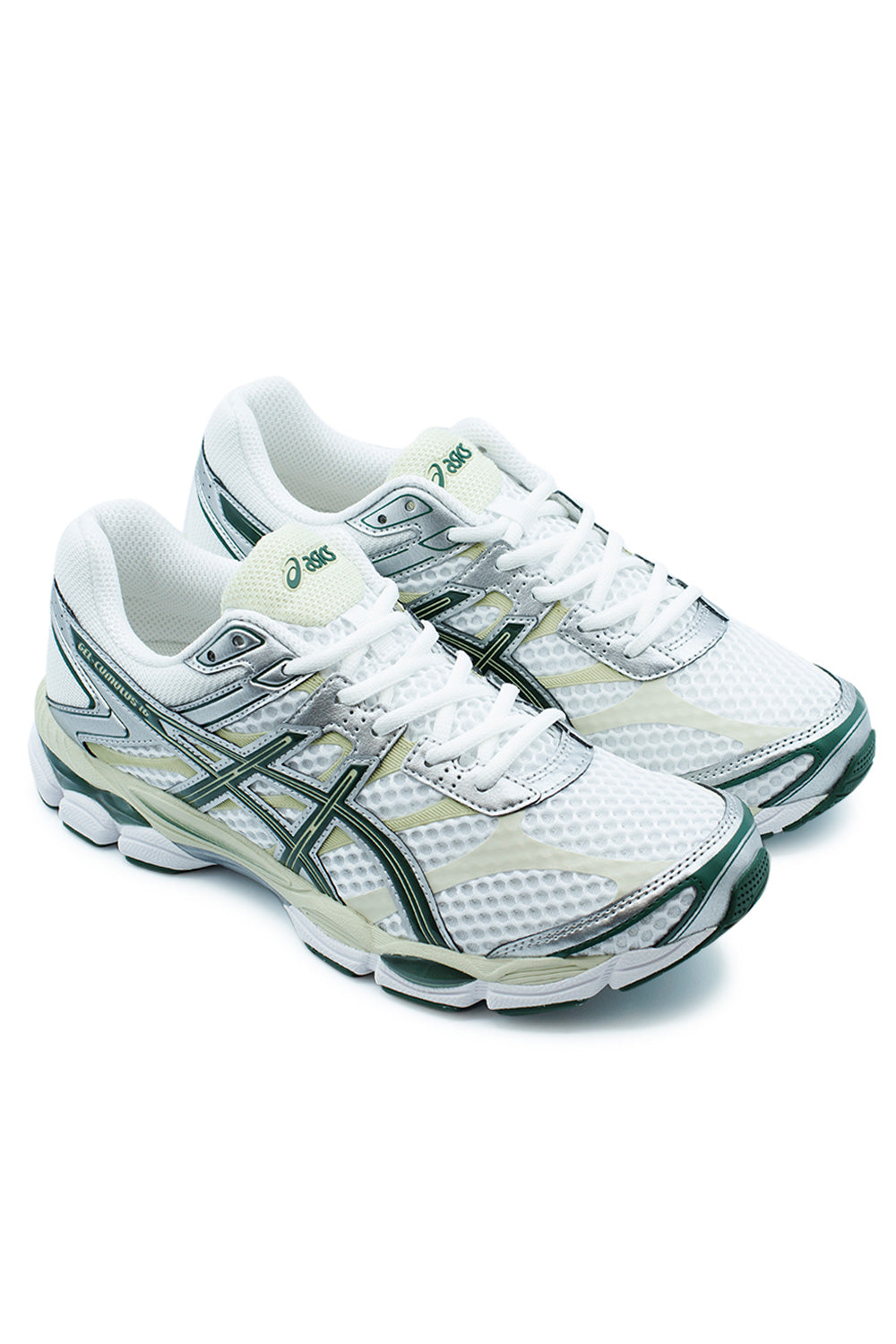 ASICS GEL-CUMULUS 16 White Forest Night sneakers with layered tech-runner design, lightweight FlyteFoam comfort and silver synthetic leather panel construction