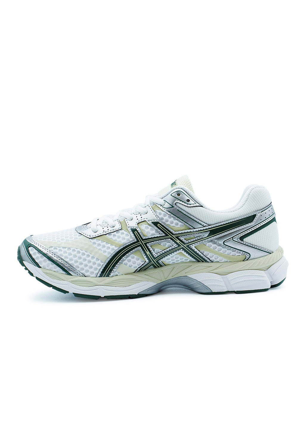 Lateral side profile of ASICS GEL-CUMULUS 16 retro sportswear shoe with archival running DNA, dual GEL support and white mesh upper with dark green ASICS stripes